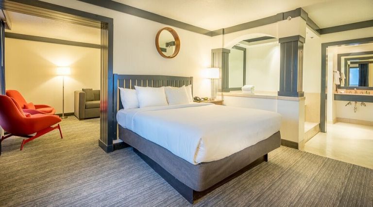 King bed next to jacuzzi, bathroom vanity, partial view of living room and red chairs.